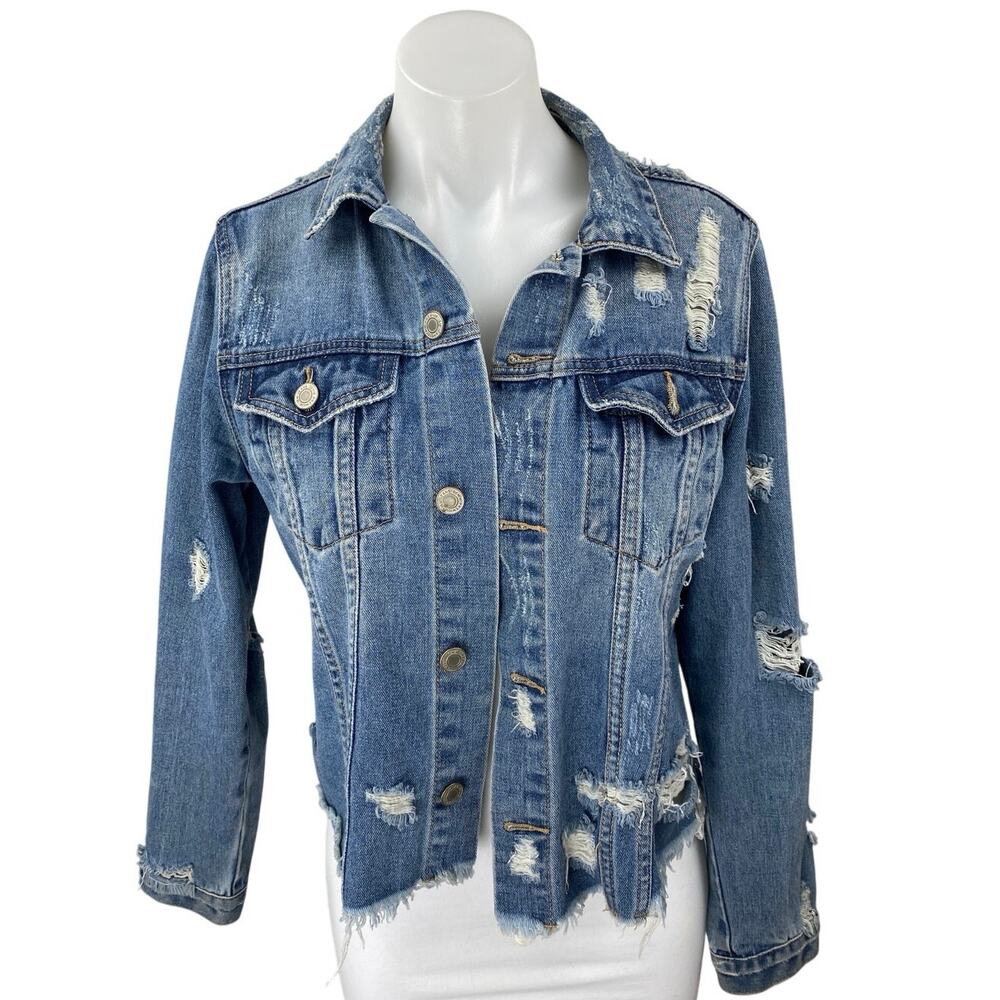 I & M Jeans Women's Blue Distressed Button Down Long Sleeve Denim Jean Jacket M